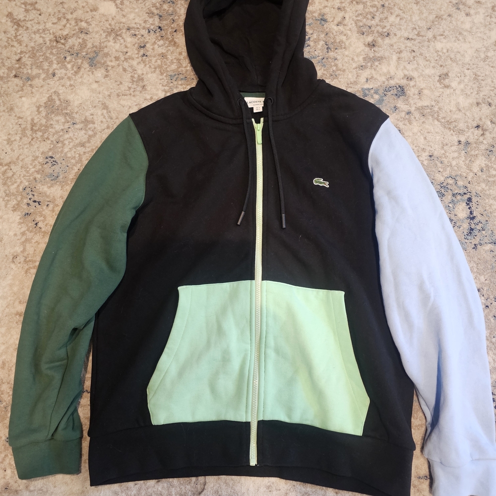 Lacoste Colorblock Zip Hoodie in Black with Green and Light Blue Size 5 Large